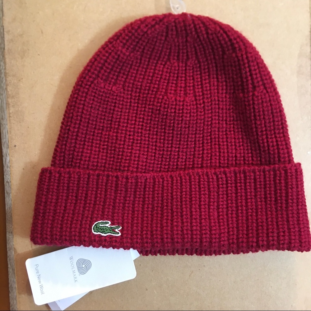 LACOSTE 100% WOOL in Bordeaux Beanie Cuffed Hat Men’s